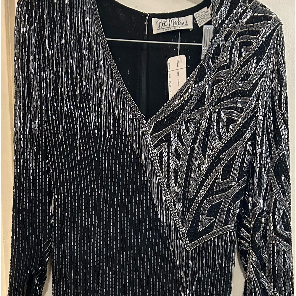 Vintage Bob Mackie Navy Blue Beaded Gown size 6 has fringe bugle beading